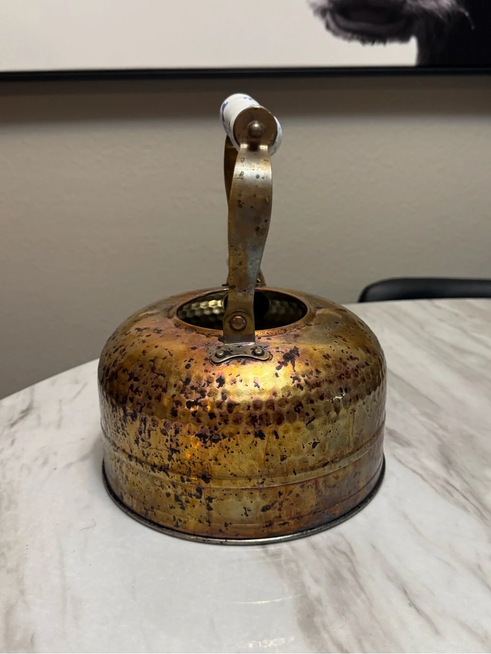 copper hammered tea kettle porcelain hand painted handle & lid knob